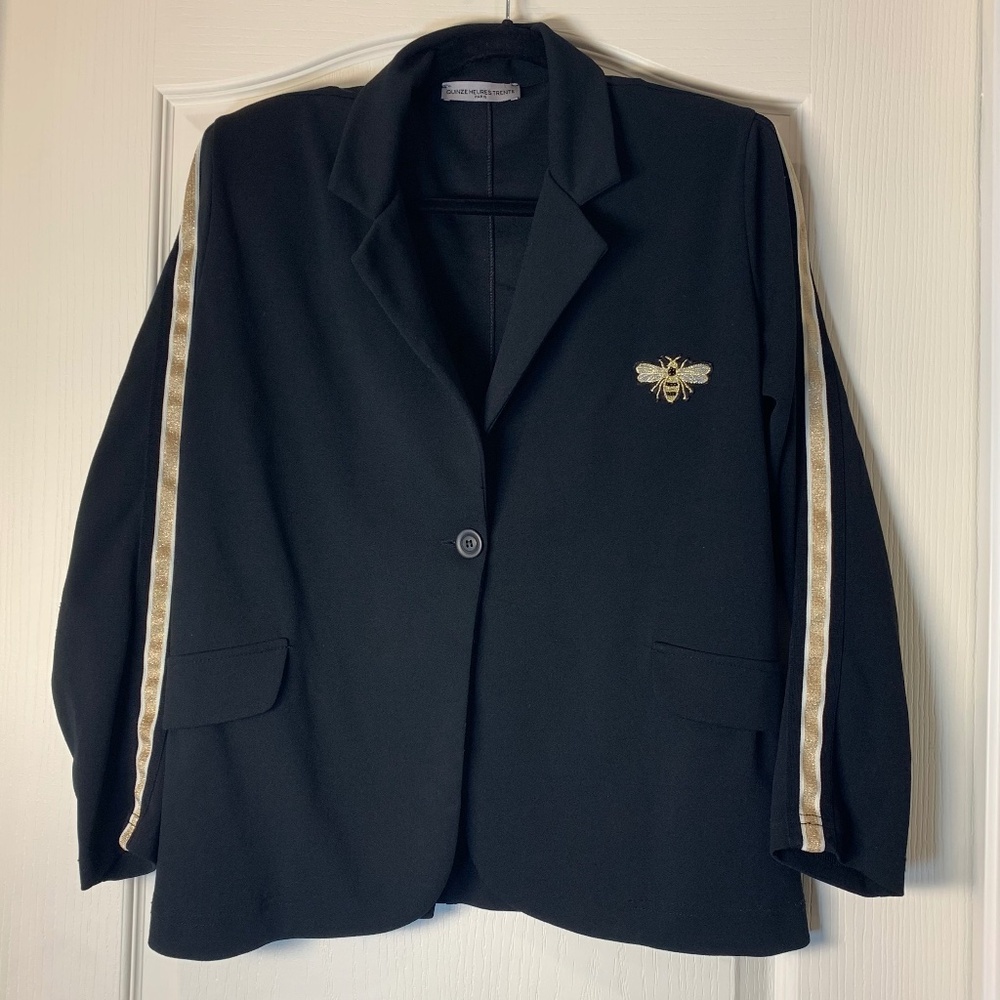Quinze Heures‎ Trente Paris Black Blazer Bee Embroidery Preppy Chic Jacket - M